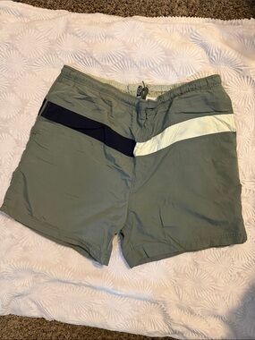 Olive Green Color Swim Shorts with Navy Blue and white stripe